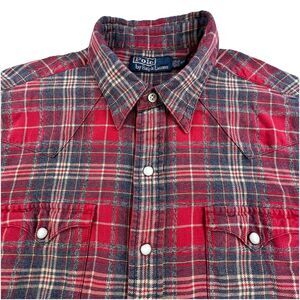 Vintage Polo Ralph Lauren Shirt Men's XL Red Western Flannel Plaid Pearl Snap